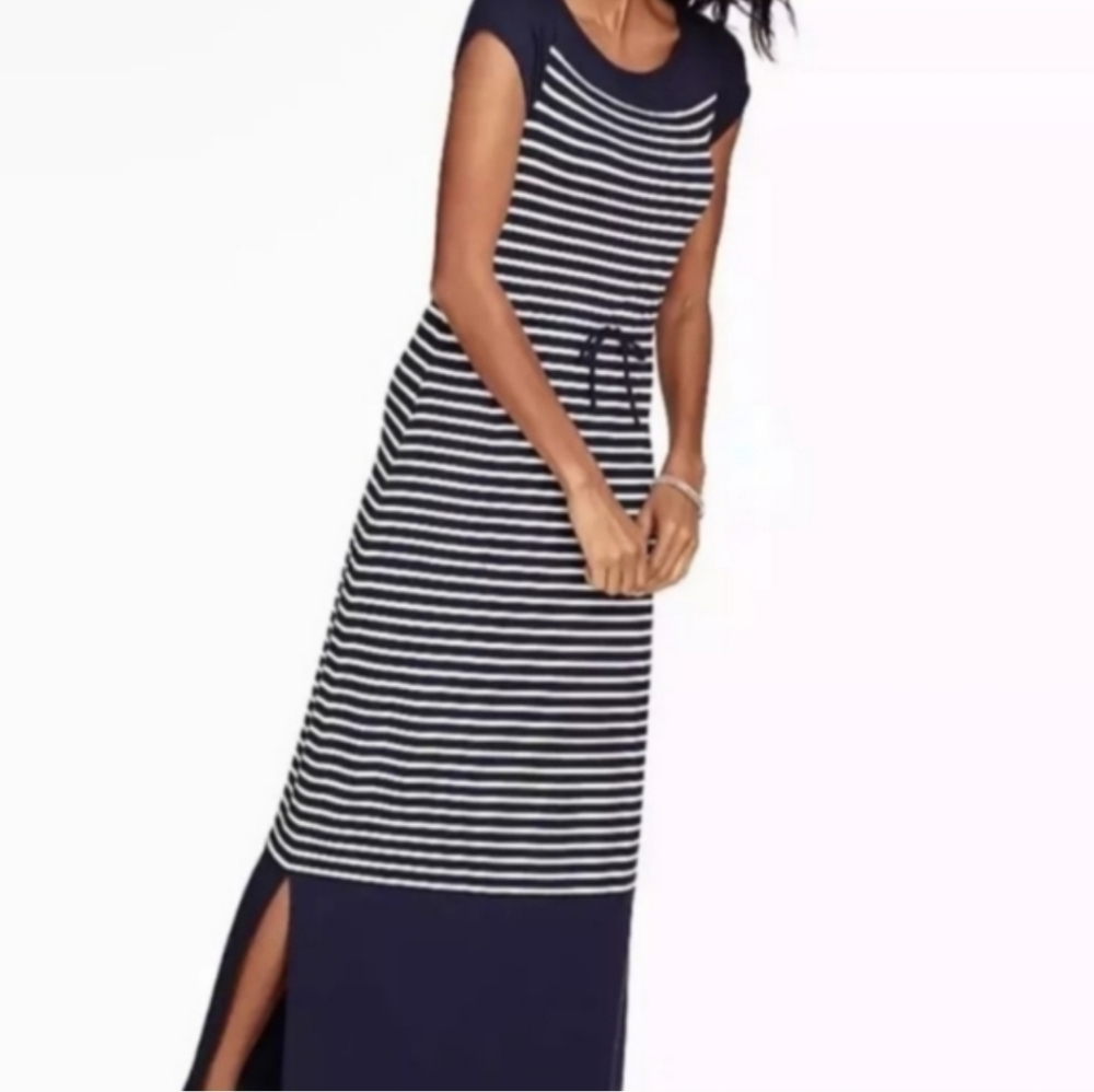 Talbots Navy and White Nautical Striped Maxi Dress Tie Waist